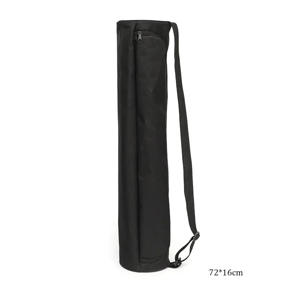 Black cylindrical bag with a strap on a white background