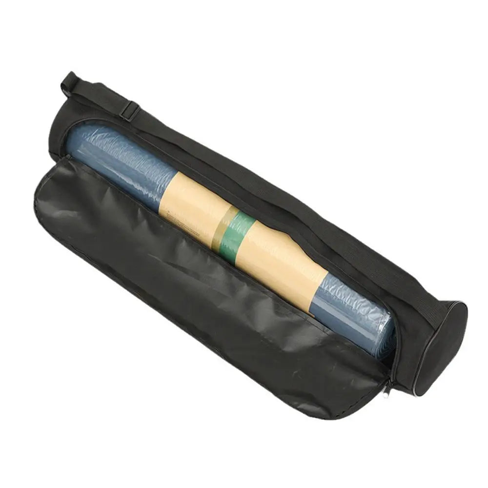 Black carrying case with rolled-up mat and wooden handle on a white background